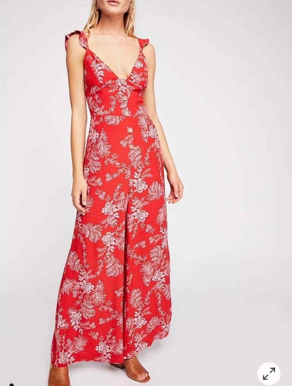 Free‎ People Be the One Red Floral Print Button Wide Leg Pantsuit ** Size 10